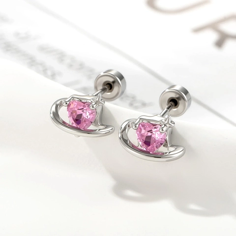 Roze Hart Zirkoon Orbit Ster Oorkraakbeen Stud Titanium Staal Schroefsluiting Zoete Planeet Piercing Sieraden