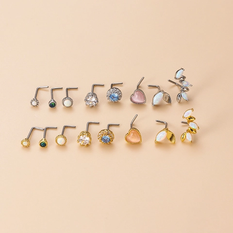 Mode Edelstahl L-Balken Nasenstecker Für Damen Kupfer Eingelegt Zirkonia Synthetische Opal Geometrische Body Piercing Schmuck