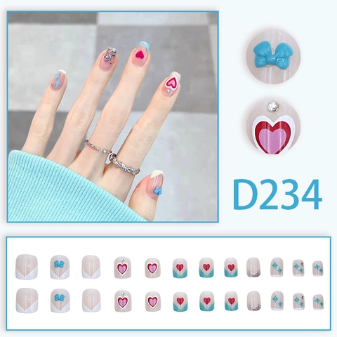 Faux Ongles Cœur Forme Trapézoïdale Fleur Bleue Strass Étoile Été Manucure Amovible Pour Femmes Étudiantes