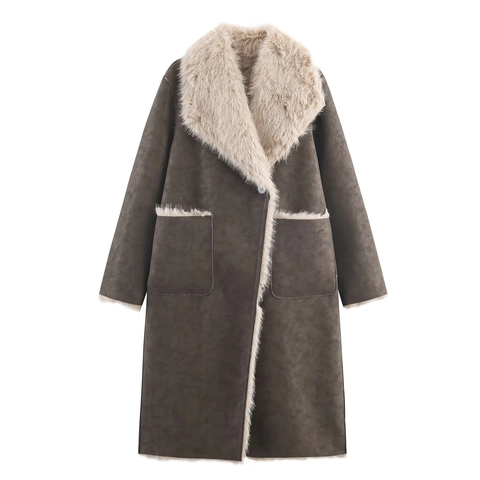 Abrigo Largo De Piel Sintética Y Gamuza Para Mujer Reversible Invierno Cálido Solapa Color Sólido