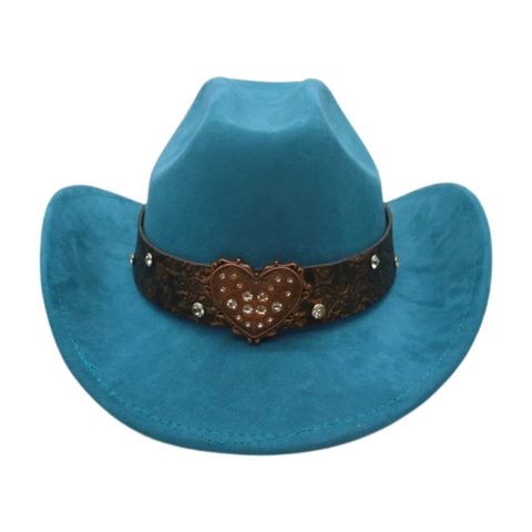 Sombrero De Vaquero Occidental Gamuza Vintage Hebilla Corazón Diamantes Banda Cuero Jazz Fedora
