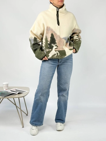 Damen Sweatshirt Polar Fleece Halber Reißverschluss Berg Wald Hirsch Druck Lockerer Stehkragen Lässig Streetwear