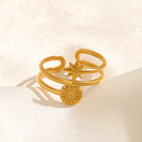 Anillo De Estrella De Ocho Puntas Acero Inoxydable Doble Capa Ajustable Abierto Sol Joyería Celestial Para Mujer