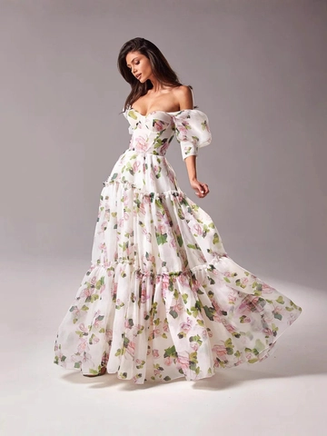 Damen Off-Shoulder Blumenmuster Maxikleid Organza Puffärmel Gestuft Party Abendkleid Romantisch Hohe Taille