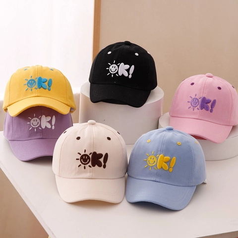 Kids Baseball Cap Cotton Sun Protection Breathable Embroidery Sun Smile OK Pattern Toddler Boys Girls Hat
