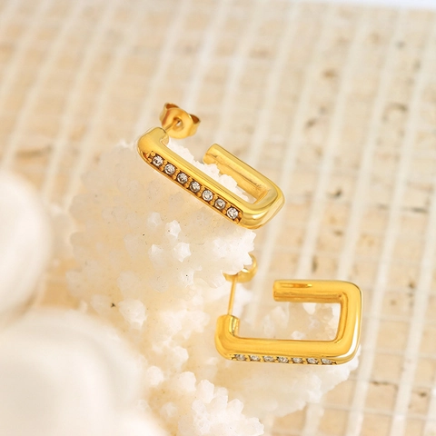Pendientes De Aro Rectangulares Acero Inoxidable Pavé Circonita Geométricos Retro Minimalista Joyería