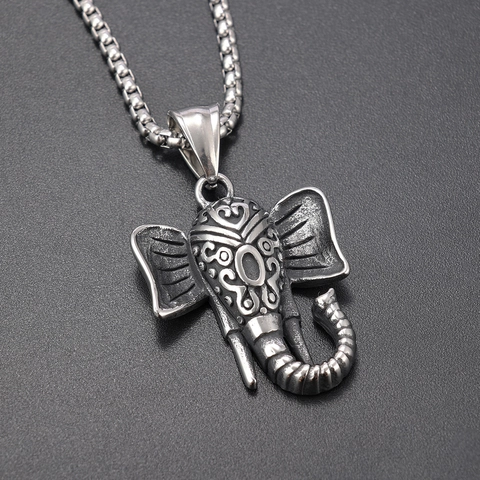 Collar Con Colgante De Cabeza De Elefante De Acero Inoxidable Joyería De Animales Tallada Punk Retro Para Hombre Mujer