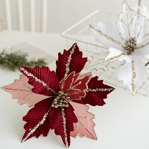 Kunstmatige Kerstster Bloem Pailletten Gaas Glitter Stof Voor Kerstboom Slinger Decoratie Feest Thuis