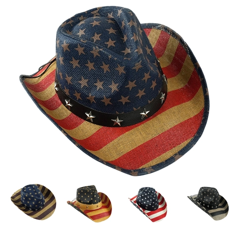 Cappello Da Cowboy Occidentale Patriottico Bandera USA Stelle Strisce Tesa Larga Paglia Di Carta Cappello Da Sole Retro