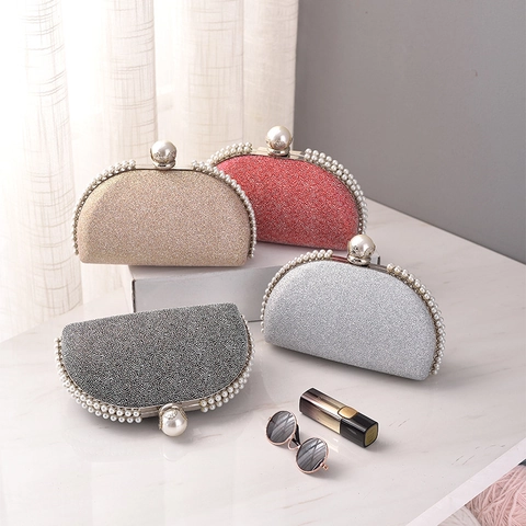 Pochette Da Sera Da Donna Glitterata A Forma Di Conchiglia Con Finiture In Künstliche Perle E Tracolla A Catena Elegante Per Festa