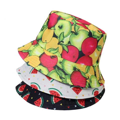 Summer Bucket Hat Polyester Fruit Print Sun Protection Wide Brim Outdoor Beach Travel Fashion For Women
