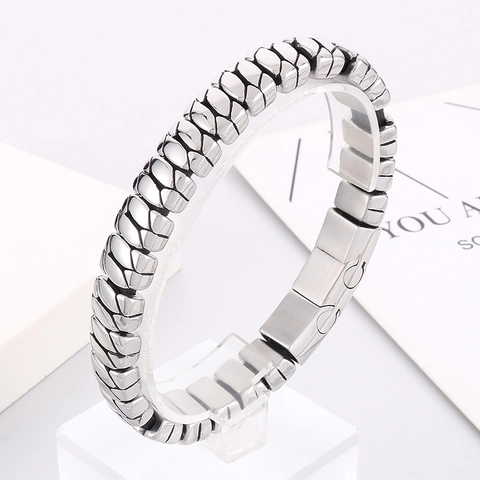 Pulsera Para Hombre De Acero Inoxidable 316L Vintage Brazalete Trenzado Tejido Retro Joyería Punk Biker Con Cierre Plegable