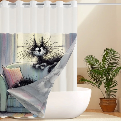 Wasserdichter Duschvorhang Hakenlos Doppelschichtig Abnehmbare Auskleidung Netzfenster Polyester Bedruckt Dekoratives Badezimmerzubehör