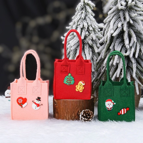 Kerst Vilt Appel Cadeauzak 3D Cartoon Kerstman Sneeuwpop Rendier Patroon Handvat Snoepzakje Voor Kinderen