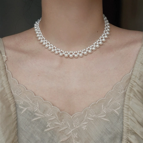 Collana Di Künstliche Perle Intrecciate Doppio Strato Acciaio Inossidabile Vintage Elegante Catena Clavicola Per Donne