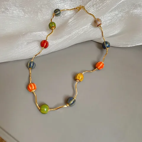 Irregular Colorful Ceramic Beaded Necklace Handmade Copper Wavy Gold Chain Boho Sweet Jewelry For Women