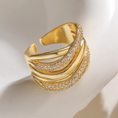 Fashion Irregular Geometric Copper Open Ring For Women 18K Gold Plated Micro Inlaid Rhinestone Adjustable Finger Jewelry