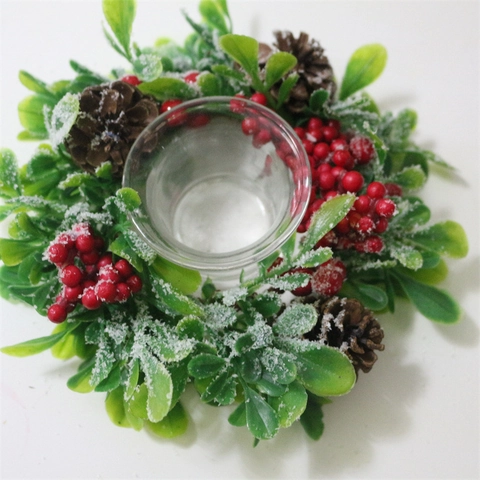Christmas Candle Holder Wreath With Glass Cup Artificial Leaves Red Berries Natural Pine Cones Frosted Snow Holiday Decoration
