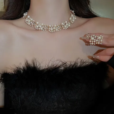 Collana E Orecchini A Lobo Con Künstliche Perle Sintetiche E Strass Rettangolari Eleganti Per Donna Gioielli In Lega Stile Francese