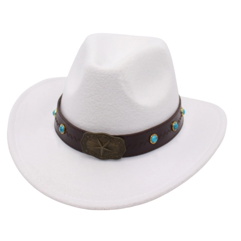 Western Cowboyhut Für Damen Herren Retro Filz Jazz Fedora Mit Metallschnalle Stern Saphir-Look Perlen Dekorativer Gürtel Hut
