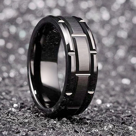 Men Band Ring Titanium Steel Brushed Metal Industrial Punk Style Geometric Stepped Edge Fashion Jewelry Accessory