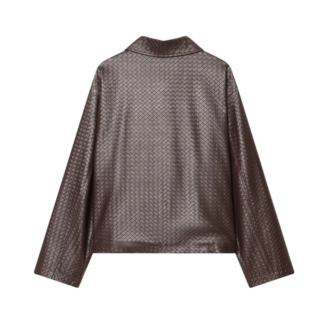 Women Woven Faux Leather Jacket Short Zip Up Lapel Long Sleeve Casual Streetwear Outerwear Coffee Solid Brown Color