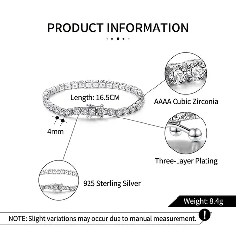 Bracelet Tennis En Argent Sterling 925 Avec Zircone AAAA Ronde Étincelante Bijoux De Poignet Pour Femmes Hommes