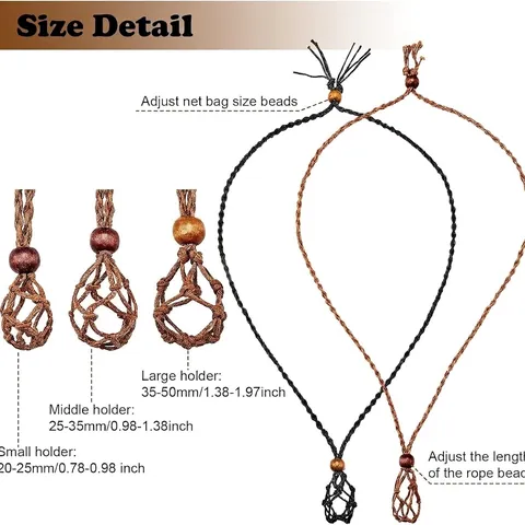 Hand Woven Stone Holder Necklace Adjustable Cord Mesh Pocket With Natural Gemstone Crystal Wooden Beads Vintage Unisex