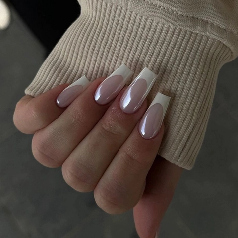Faux Ongles Press On French Glossy Forme Cercueil Rose Nude Blanc Ongles Artificiels Couverture Complète Style Salon Femme