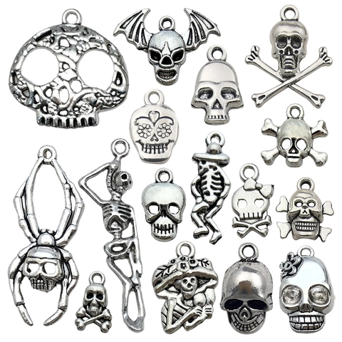 Antique Silver Alloy Skull Skeleton Pendants Halloween Gothic DIY Jewelry Making Charms Mixed Styles Punk Accessories
