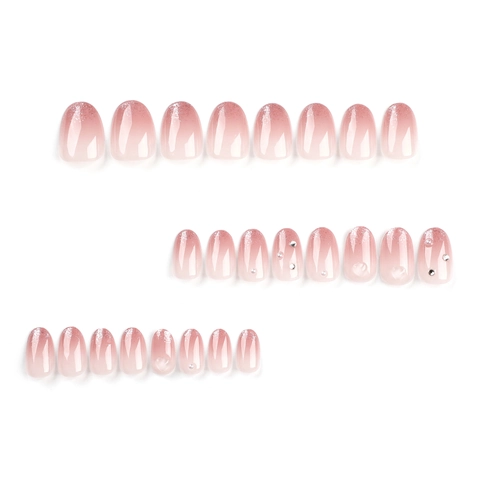 Uñas Postizas Rosa Degradado Purpurina Diamantes De Imitación Perla Artificial Brillante Ovalado Almendra Mujeres