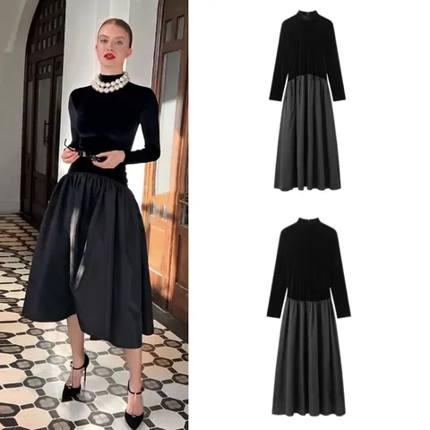 Elegante Zwarte Jurk Met Lange Mouwen Hoge Hals Fluwelen Splicing Geplooide Maxi Avondjurk Socialite Stijl Voor Dames