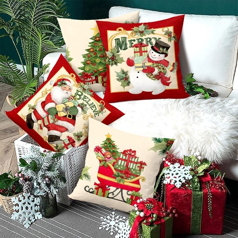 Kerst Kussenhoezen Vintage Kerstman Sneeuwpop Slee Boom Polyester Linnenlook Feestelijke Bank Decoratie