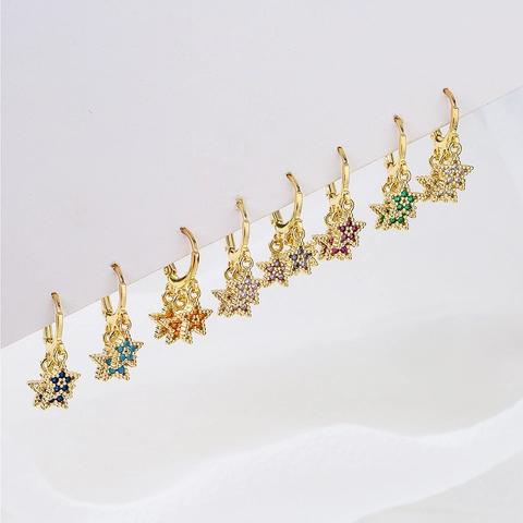 Orecchini A Cerchio Con Pendente A Stella Placcati Oro 18K Rame Zirconi Colorati Gioielli Da Donna Stile INS Elegante