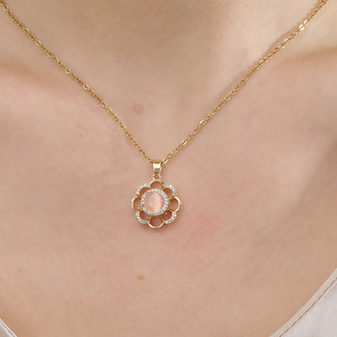 Rotating Flower Pendant Necklace Copper With Pink Cat Eye Stone Zircon Stainless Steel Chain For Women Trendy Jewelry