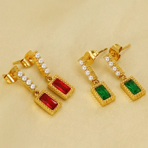 Vintage Rechteckige Zirkonia Hängeohrringe Edelstahl 18K Vergoldet Elegante Kunstperlen Schmuck Für Damen
