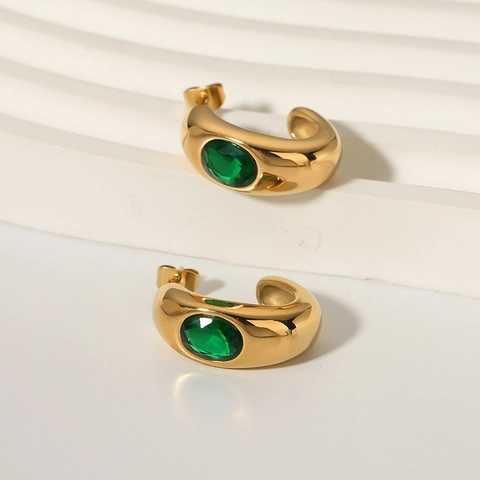 C-Shaped Hoop Earrings 18K Gold Plated Stainless Steel With Green Zircon Geometric Vintage Minimalist Jewelry For Women