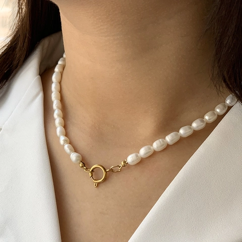 Halskette Aus Natürlichen Süßwasserperlen Edelstahl 18K Vergoldet Französisch Vintage Einfach Elegant Für Frauen