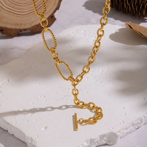 Collana A Catena Grossa Placcata Oro 18K Acciaio Inossidabile 304 Impermeabile Ipoallergenica Chiusura A T-Bar Gioielli Per Donne