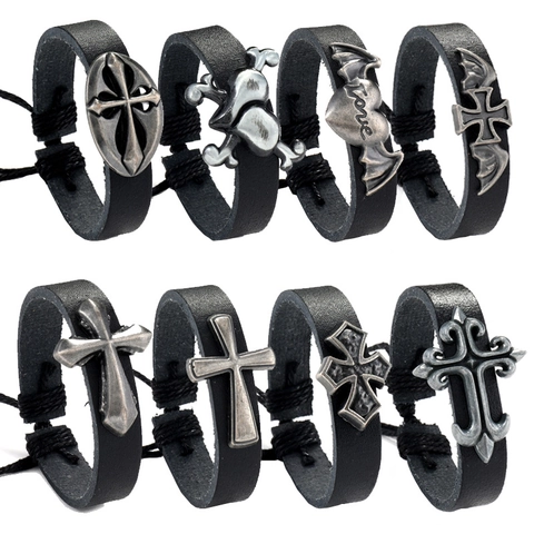 Vintage Gothic Punk Leather Bracelet Alloy Cross Heart Wings Adjustable Drawstring Braided Rope Bangle Jewelry For Men