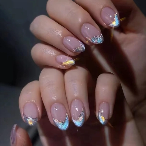 Cat Eye Press On Nägel French Tip Shimmer Nude Pink Blau Lila Wiederverwendbare Künstliche Fingernägel Für Damen Maniküre