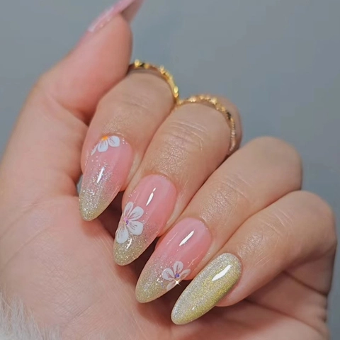 Cat Eye Mandel Aufdruck Nägel Verlauf Pink Weiß Gänseblümchen Glitzer Tragbar Abnehmbar Falsche Nägel Für Damen