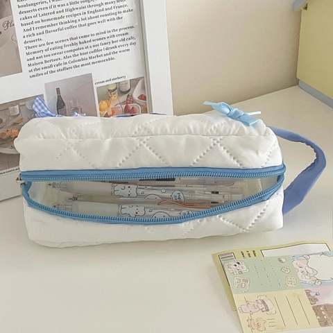 Quilted Pencil Case Ribbon Bow Makeup Organizer Pouch Korean Style Portable Cosmetic Bag Soft Polyester For Students