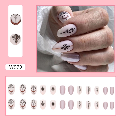 Faux Ongles Résine Courts Ovales Style Chinois Rétro Mats Forme Amande Motifs Mystiques Lune Mandala Aurore Rose Violet