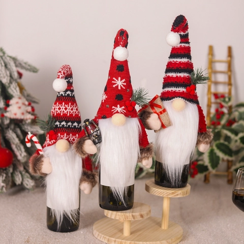 Christmas Wine Bottle Covers Knitted Gnome Tomte Decor Holiday Table Faux Fur White Beard Pointy Hat Candy Cane Lantern