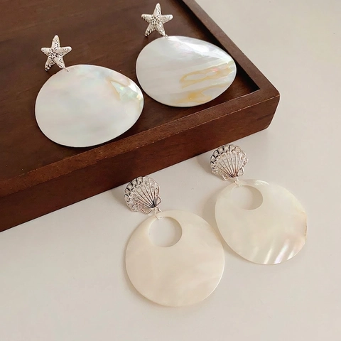 Boucles D'Oreilles Pendantes Étoile De Mer Feston Nacre Rondes Avec Tige En Argent Style Vacances À La Plage Femme