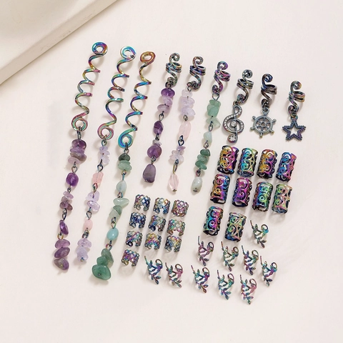 Dreadlock Zubehör Zopf Schmuck Regenbogen Legierung Naturstein Spiralen Manschetten Boho Anhänger Haarklammern Dekor