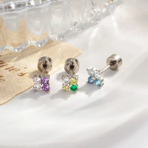 Titanium Steel Flower Piercing Earring With Cubic Zirconia Flat Back Threaded Ear Bone Stud For Women