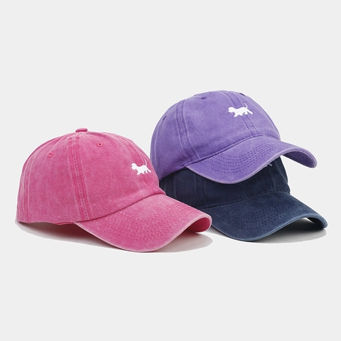 Casquette De Baseball En Coton Lavé Vintage Broderie Petit Chien Haut Souple Bord Incurvé Ajustable Chapeau De Soleil Rétro