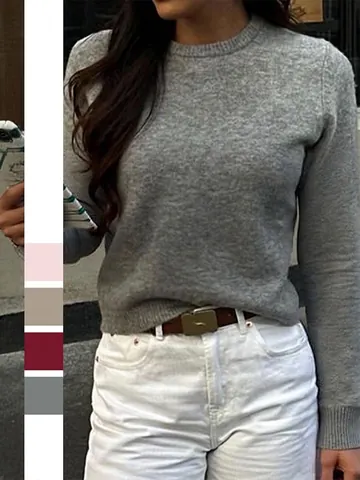 Women Round Neck Long Sleeve Knitted Sweater Pullover Casual Autumn Winter Wool Blend Solid Ribbed Trim Soft Top
